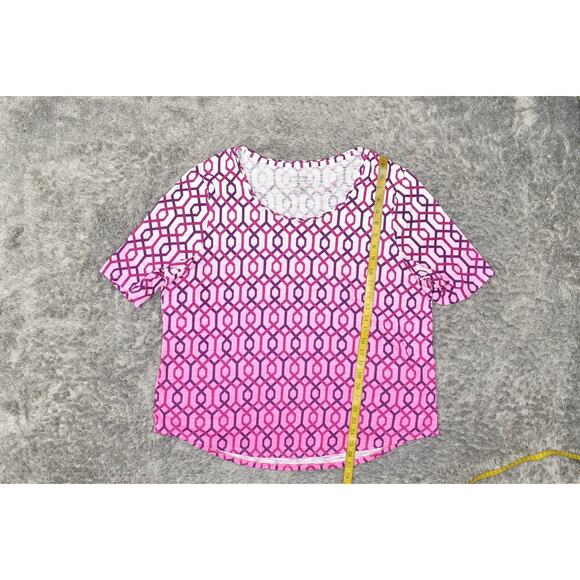 Chico's Size 3 Purple Cotton Blend Blouse Crew Neck Short Sleeve Geometric - Picture 7 of 7